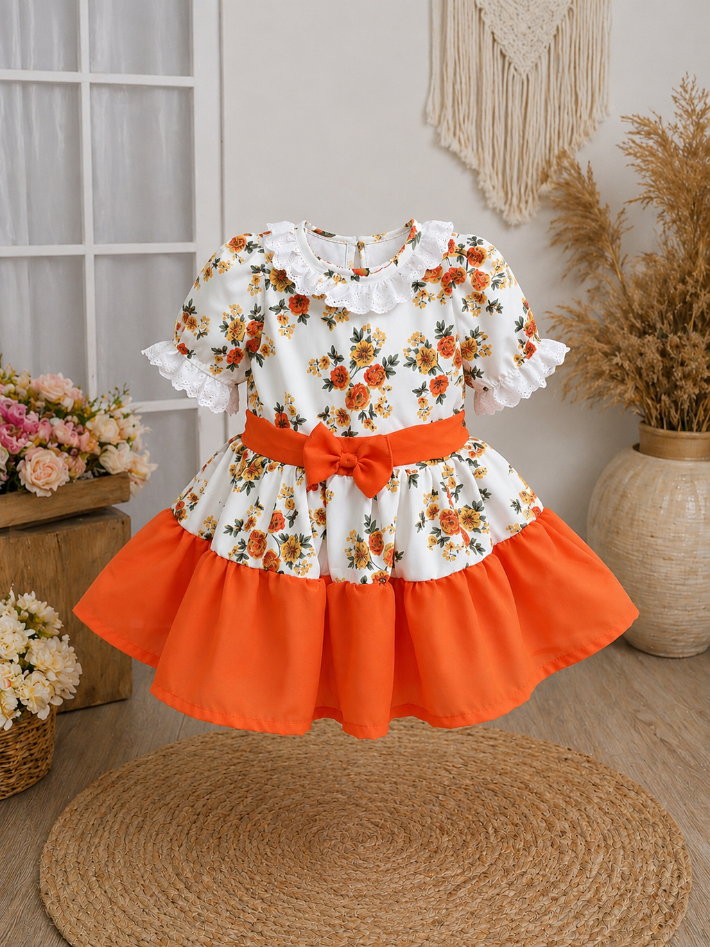 Handmade Floral Dress with Embroidered Lace