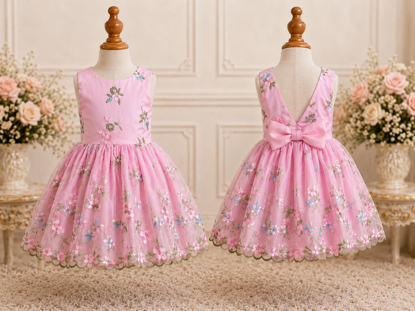 Girls Pink Embroidered Lace Lined Handmade Dress