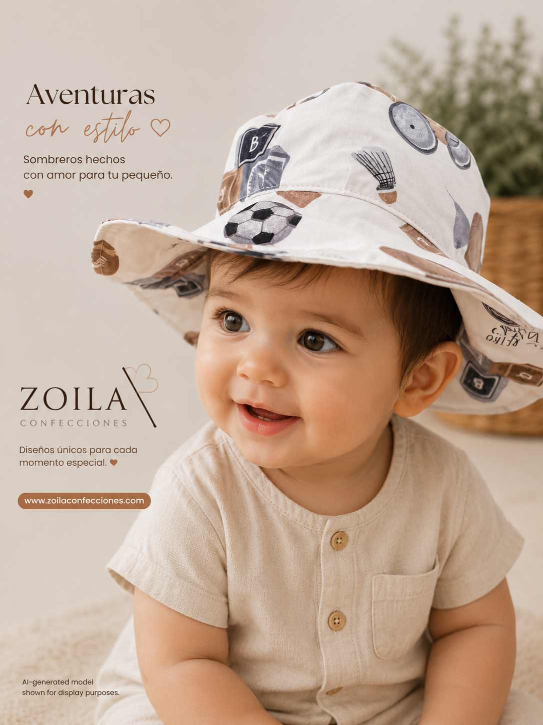 White Baby Boy Hat with Balls and Cars Print - 1 Year