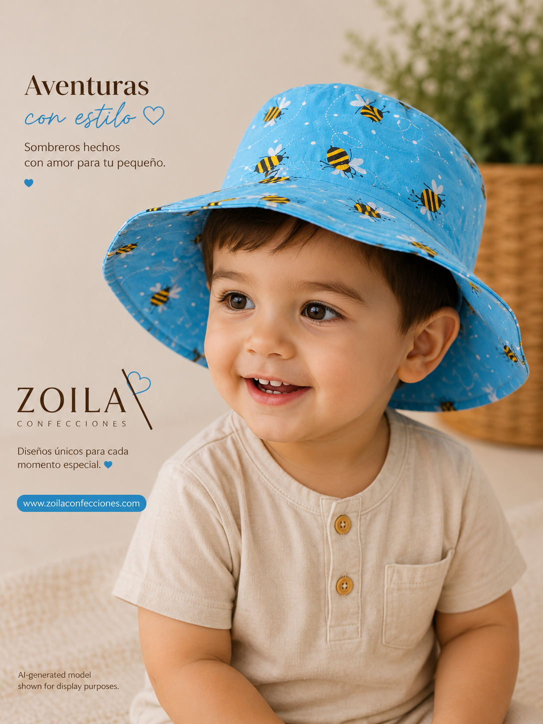 Turquoise Unisex Baby Hat with Bee Print - 2 Years